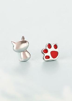 Серебряные сережки гвоздики котик и лапка женские детские серебро