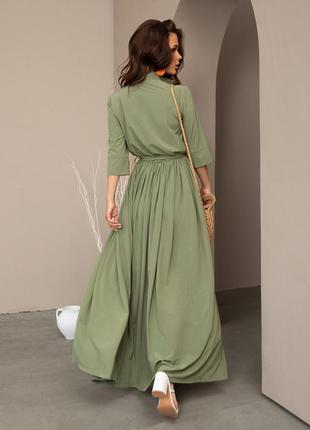 Довга сукня кольору хакі з розрізом2 фото