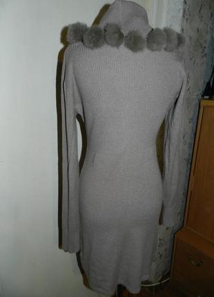Шерсть-кашемир,бежевое платье по фигуре с съёмными,натуральными помпонами3 фото