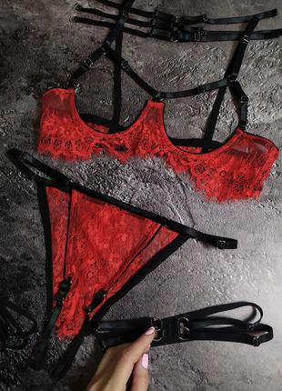 Сексуальный эротический красный чёрный кружевной комплект нижнего белья с открытым доступом 💔2 фото