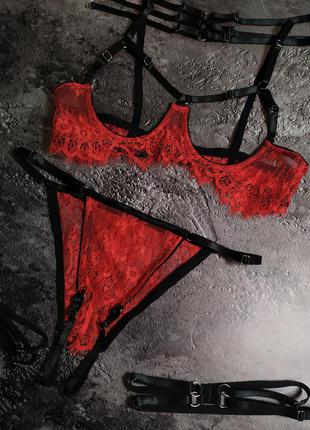 Сексуальный эротический красный чёрный кружевной комплект нижнего белья с открытым доступом 💔5 фото