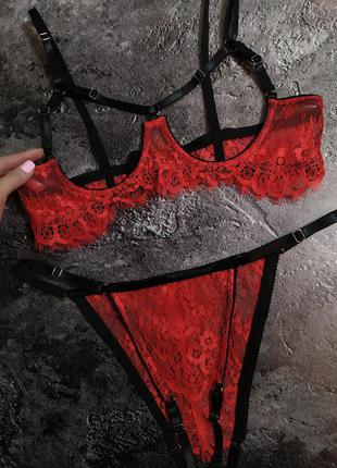Сексуальный эротический красный чёрный кружевной комплект нижнего белья с открытым доступом 💔3 фото