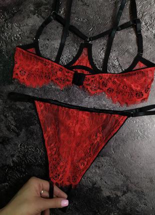 Сексуальный эротический красный чёрный кружевной комплект нижнего белья с открытым доступом 💔4 фото