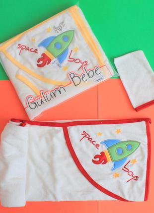 525 махровое  полотенце для новорожденных ракета в наборе мочалка