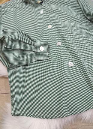 Вінтажна натуральна оверсайз сорочка у клітинку з об'єднання ємними рукавами білого зеленого кольору6 фото