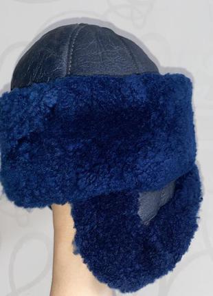Зимняя тёплая синяя шапка ушанка на овчине натуральная кожа1 фото