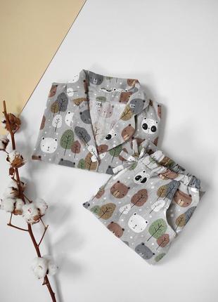 Женская фланелевая пижама тройка в мишки, панды и деревья7 фото