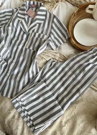 Пижамный комплект тройка полоска рубашка шорты штаны , лляная пижама, полосатая пижама/льняна піжама смужка9 фото