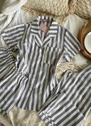 Пижамный комплект тройка полоска рубашка шорты штаны , лляная пижама, полосатая пижама/льняна піжама смужка2 фото