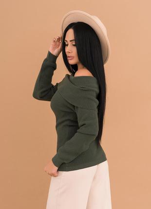 Ангоровий трикотажний светр кольору хакі з відворотом3 фото