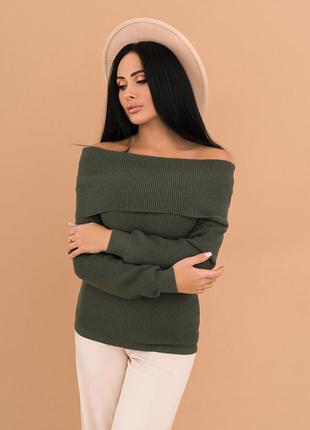 Ангоровий трикотажний светр кольору хакі з відворотом1 фото