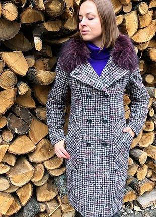 Супер-цена зимнее пальто 44-54 клетка с натуральным мехом