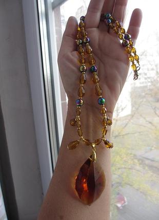 Кольє з чеських намистин із кришталевою підвіскою, 59 см