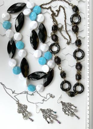 Набор❣️бижутерии ожерелье бусы цепочка кулон подвеска серьги цвет чёрный голубой белый1 фото