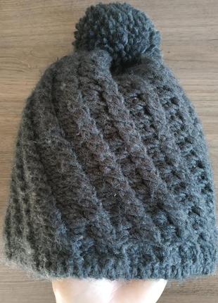 Теплая зимняя шапка с бубоном шерсть/альпака италия1 фото
