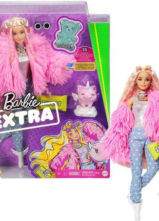 Лялька barbie extra doll 3 in pink coat with pet unicorn pig