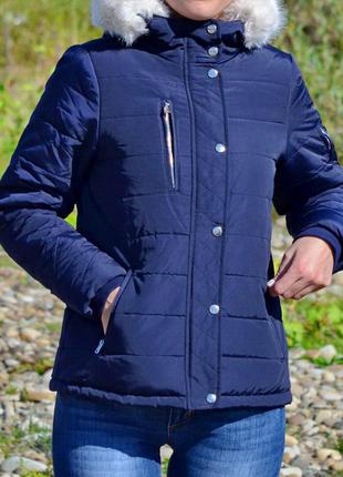 Женская демисезонная синяя курточка с капюшоном и мехом golddigga
