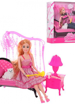 Шарнірна лялька + диван + люстра + кіт + тумбочка + аксесуари