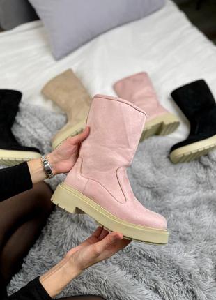 Черевики жіночі рожеві з хутром, suede boots