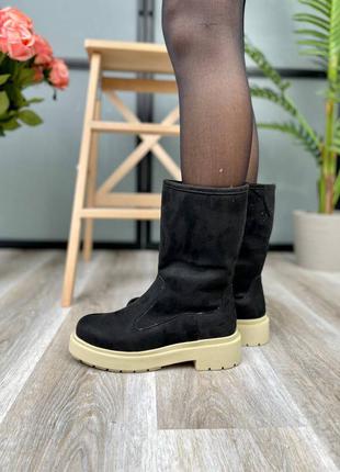 Жіночі ботинки з хутром suede boots black, ботинки женские велюр