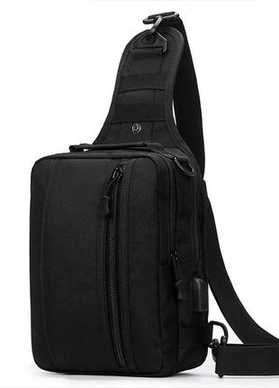 Черная тактическая сумка-рюкзак, барсетка на одной лямке + usb выход. t0445