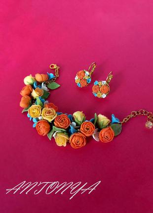 Серьги и браслет с миниатюрными цветами, набор украшений с цветами1 фото