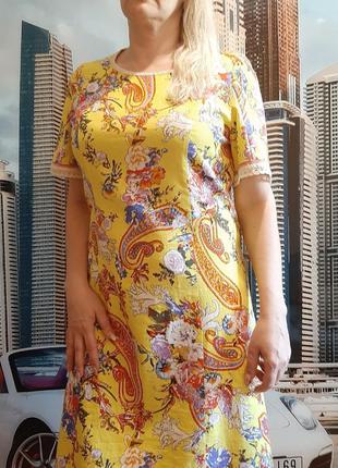 Распродажа! платье лен натуральный желтого цвета с принтом 50р.