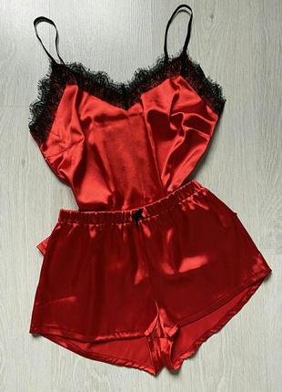 Комплект атласный пижама с кружевом и халат красный2 фото
