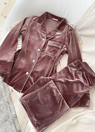 Велюрова піжама сорочка+штани/оксамитова пудрова піжама/домашній піжамний костюм/велюрова піжама сорочка і штани, домашній костюм