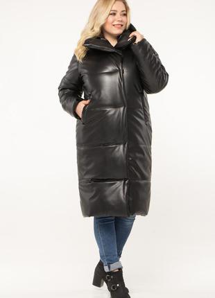 Жіноче пальто-пуховик з еко шкіри5 фото