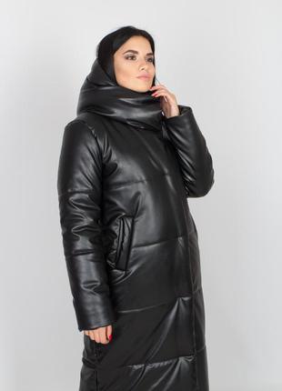Жіноче пальто-пуховик з еко шкіри3 фото
