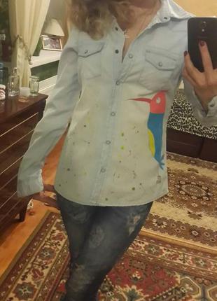 Джинсовая рубашка ручная роспись птички р.хс