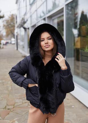 Женская куртка-бомбер зимняя с мехом и капюшоном размер:50