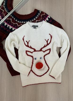 Светрик primark зима різдвяний принт оленя білий/червоний