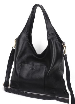 Женская кожаная большая чёрная сумка-мешок9 фото