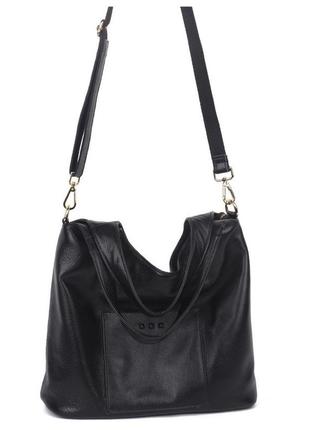 Женская кожаная большая чёрная сумка-мешок5 фото