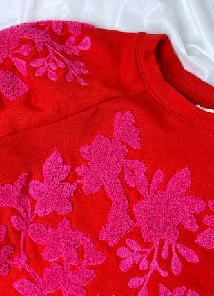 Яркий свитшот красный розовый орнамент в цветы h&m катоновый6 фото