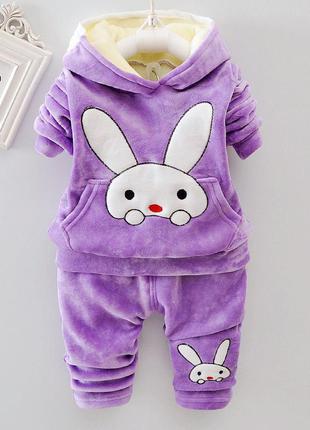Детский велюровый костюм с зайкой 80 см теплый для девочки 6-12 мес фиолетовый