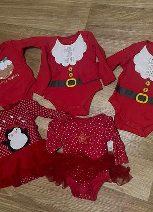Красные новогодние бодики на мальчика и девочку 0-3,6-12 мес ,9-12 мес с пингвином
