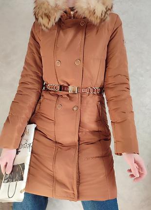 🔥🔥чудове зимове пальто з пояском та капюшоном єнота symonder2 фото