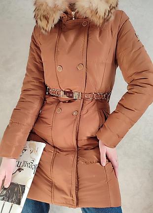 🔥🔥чудове зимове пальто з пояском та капюшоном єнота symonder