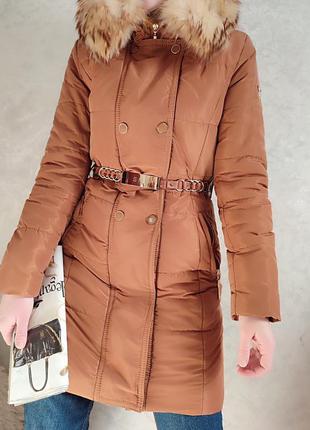 🔥🔥чудове зимове пальто з пояском та капюшоном єнота symonder4 фото