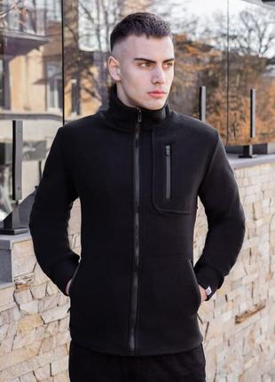 Кофта на молнии мужская флисовая черная, спортивная теплая толстовка на флисе с карманами
