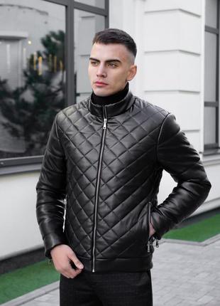Мужской стеганный бомбер черного цвета зимний, куртка мужская эко кожа утепленная короткая1 фото
