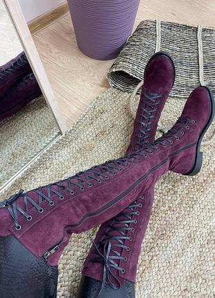 Высокие натуральные ботфорты бордовый замш на шнурках осень зима3 фото