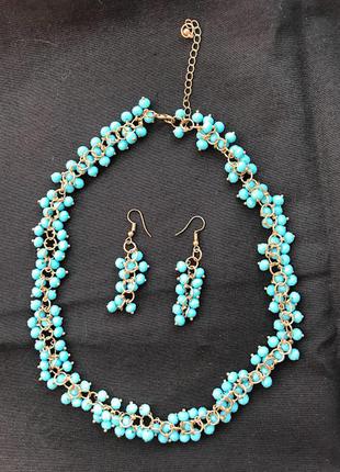 Набор украшений (ожерелье и сережки) в бирюзовом цвете5 фото