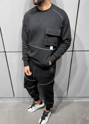 Костюм чоловічий дизайнерський чорний туреччина комплект чоловічий світшот толстовка штани чорний techwear8 фото