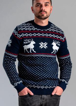Свитер мужской с принтом новогодний оленями синий турция / светр чоловічий новорічний з оленями