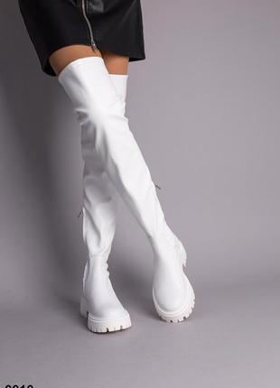 Женские кожаные чулки ботфорт белые2 фото
