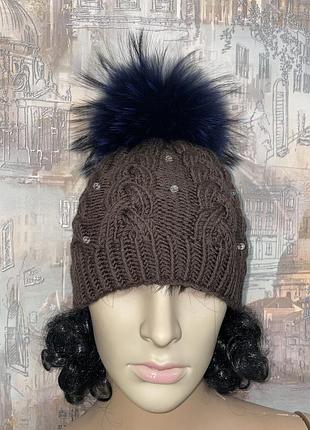 В'язана шапка з помпоном натуральне хутро італія
